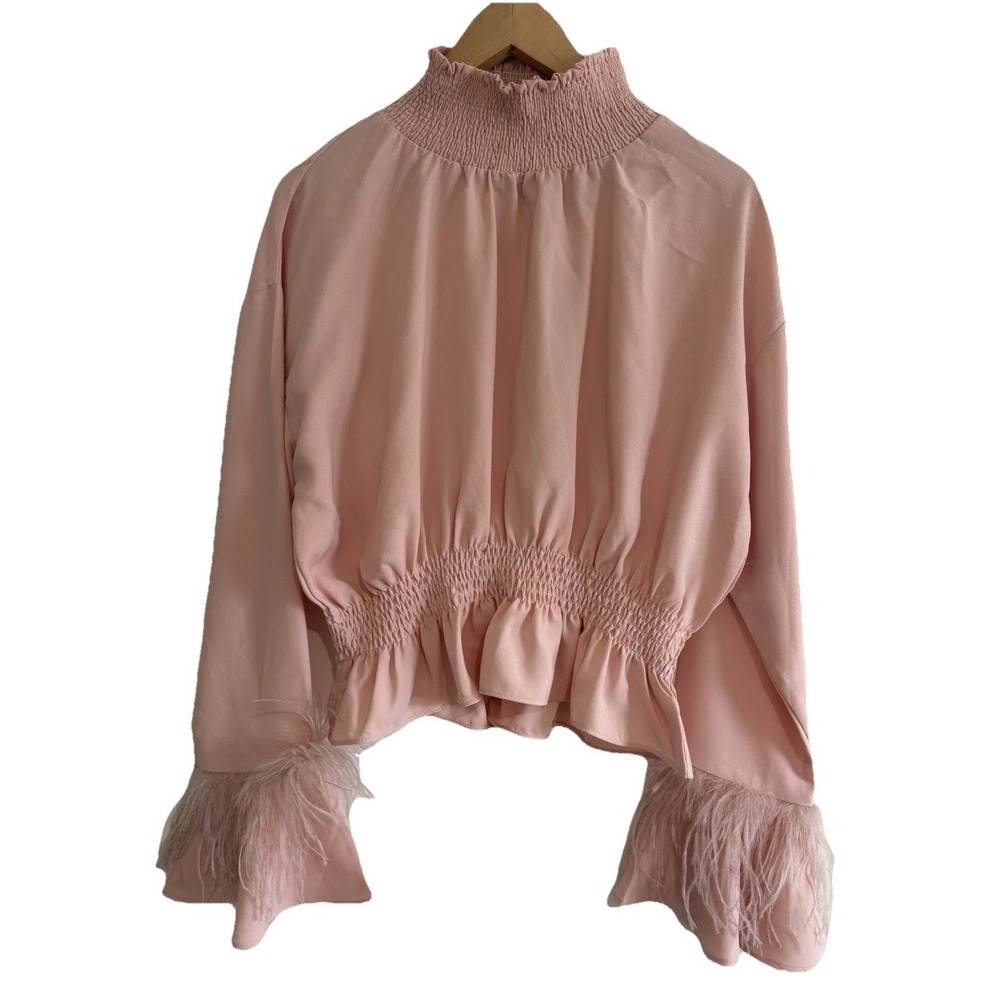Sister Jane Pink Feather Cuff Blouse Smocked High Neck Shirred Waist Top Large